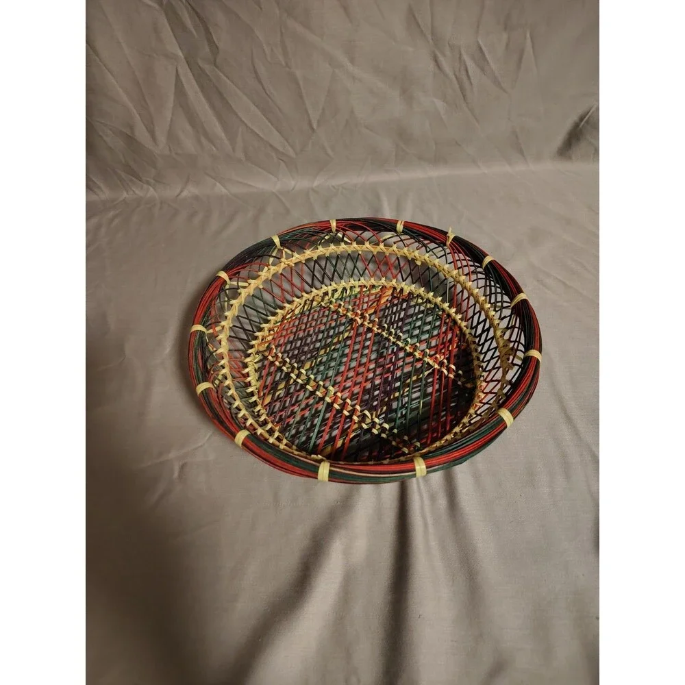 Vintage Multicolor Wicker Rattan Woven Basket Bowl Boho Decor Boho Chic MCM